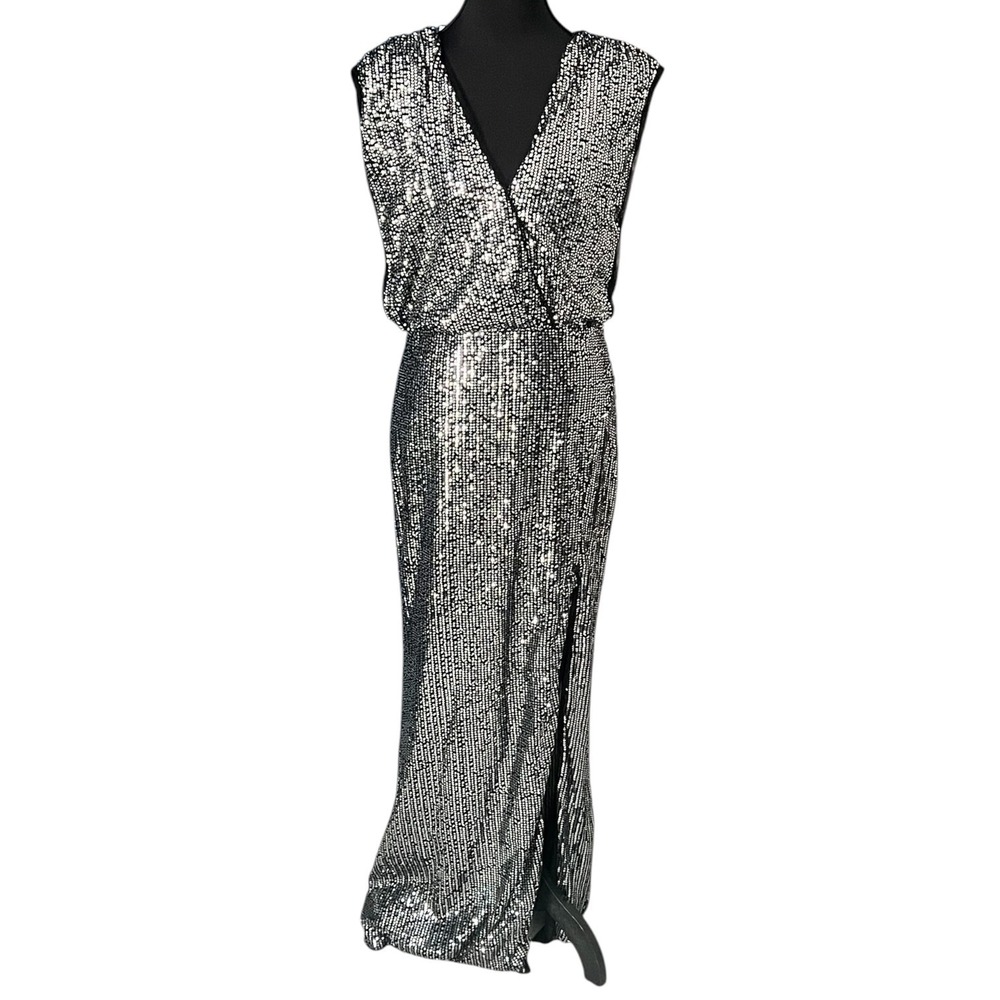 Black Silver Sequin Maxi Dress M Deep V Slit Glam Evening Gown - Picture 16 of 16